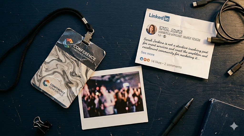 A crumpled conference badge and low-engagement social post representing wasted conference marketing potential
