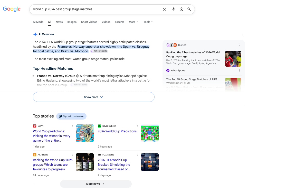 World Cup Best Group Stage Matches on Google search results, pre changes of the I/O conference in May 2026