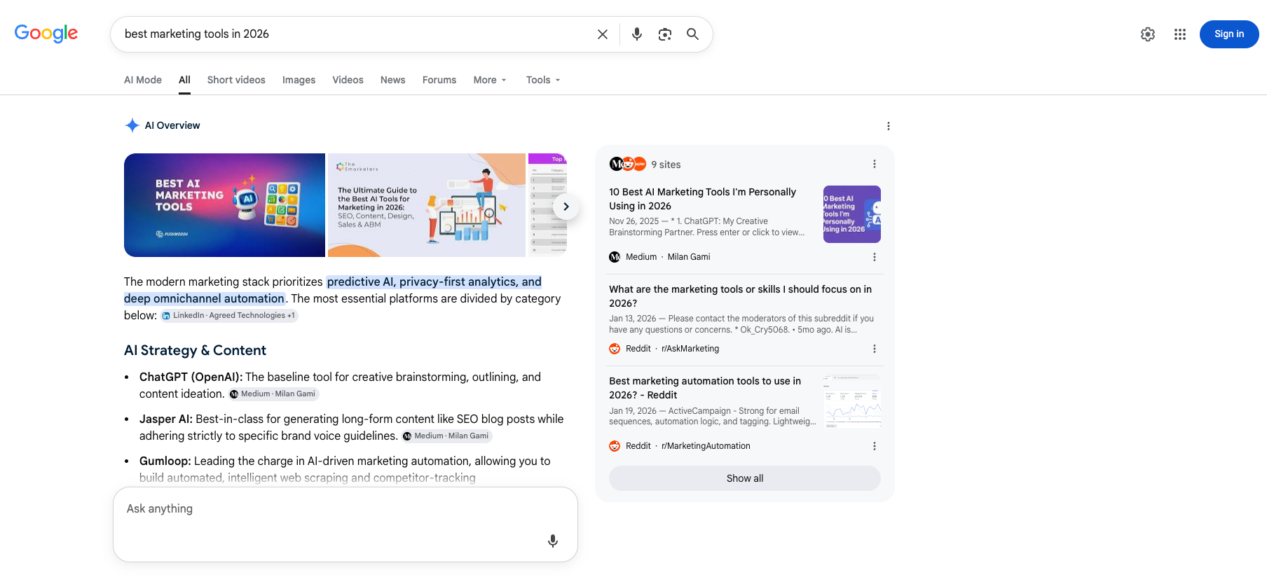 oogle search results page showing an AI Overview answer consuming the entire above-the-fold area with no organic links visible, illustrating zero-click search behavior in 2026