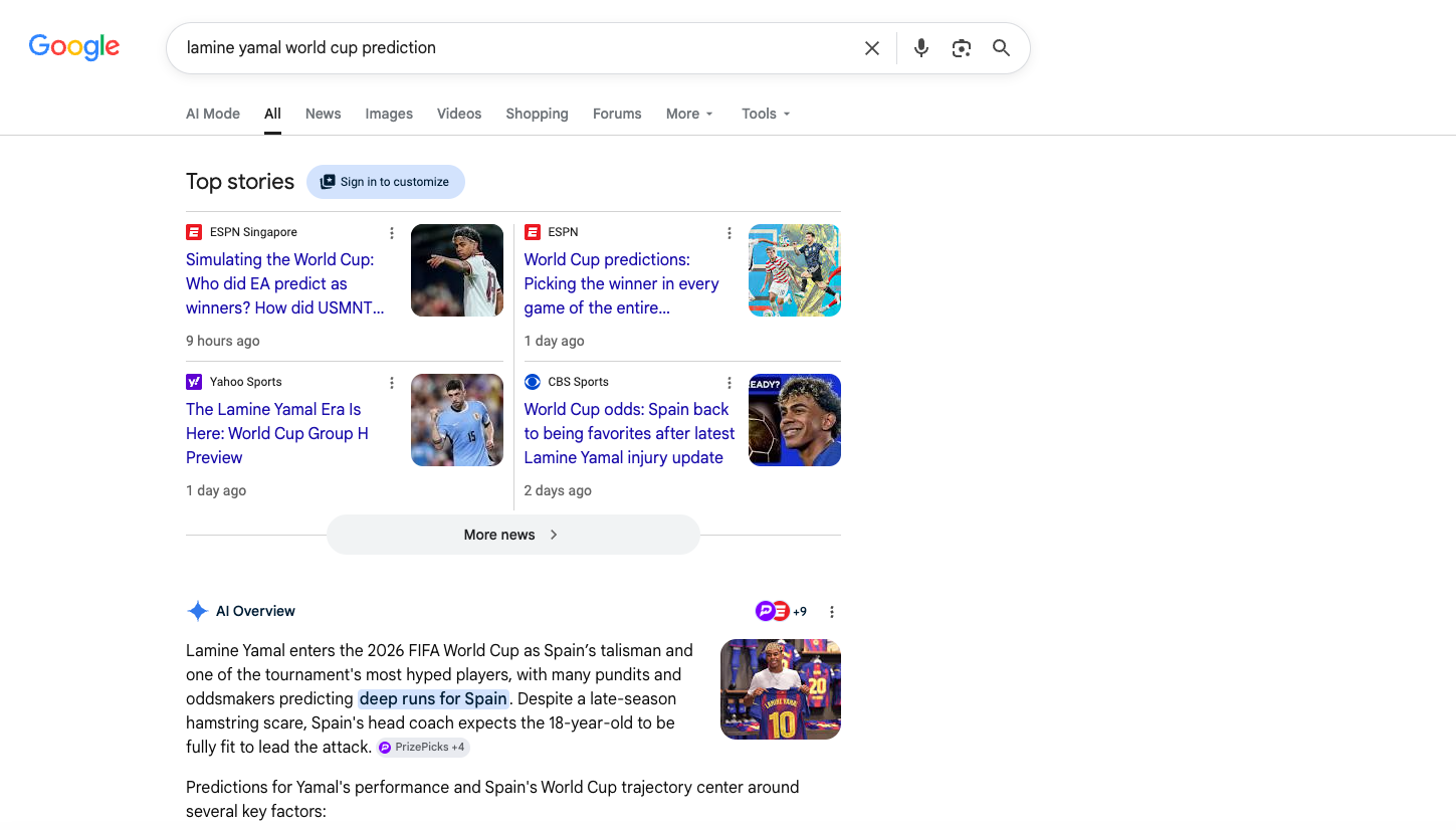 Search results of "lamine yamal world cup prediction" - Top Stories section is above the AI Overview feature