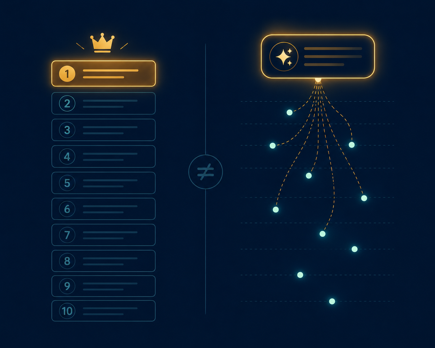 A minimalist comparison illustration, two vertical columns side by side. Left column labeled visually as a classic ranked list (stacked numbered bars, the top one highlighted). Right column shows scattered glowing dots at different heights connected to a single AI answer bubble at the top, deliberately not matching the order of the left list. The mismatch between the two columns is the focal point. Navy background, teal and amber accents, flat modern vector style, no readable text, clean and uncluttered.