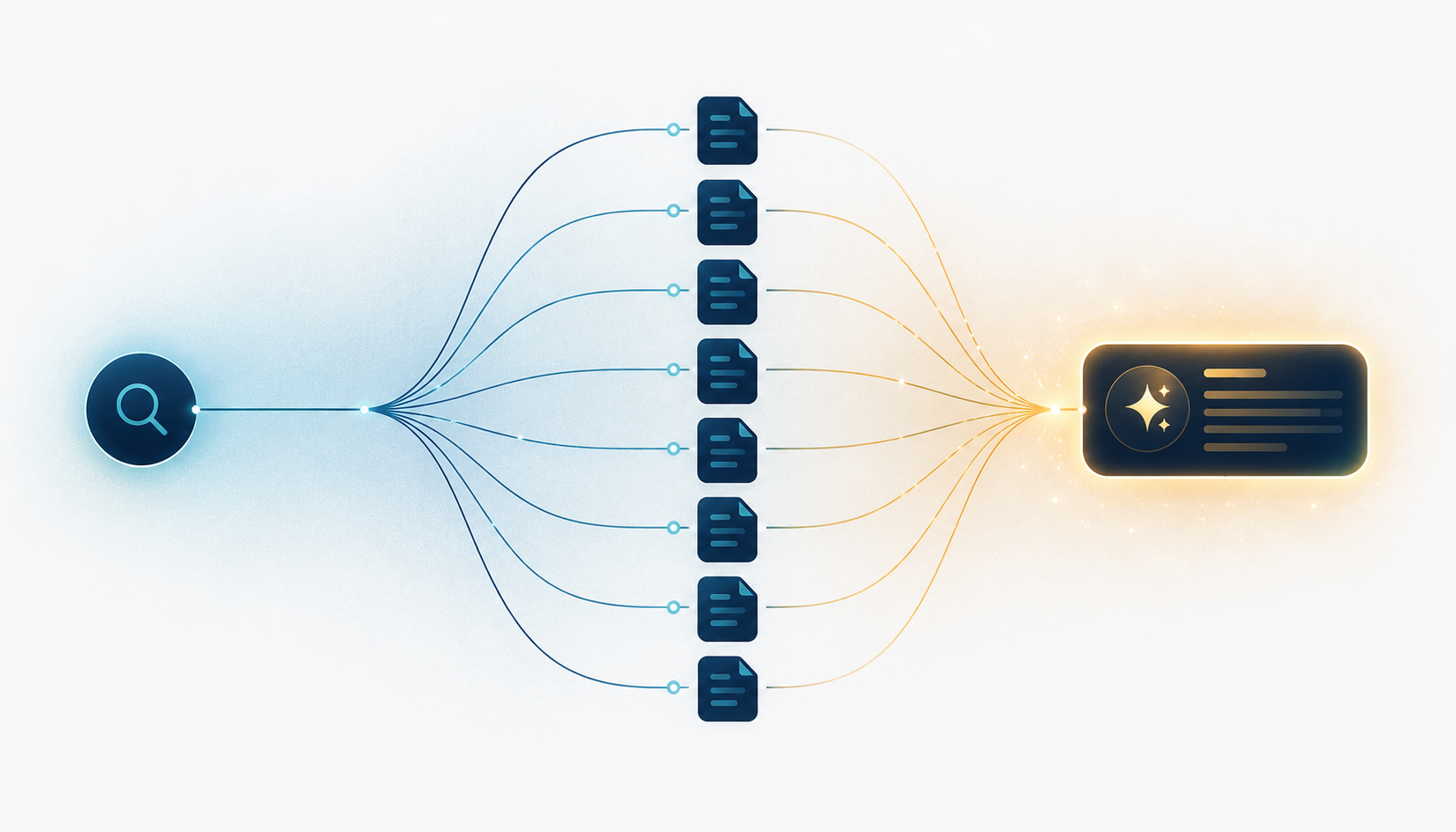 Conceptual diagram illustration. On the left, a single short search query represented as one solid line. In the center it splits into a fan of 6 to 8 thinner branching lines (query fan-out), each ending in a small document icon. On the right, the branches converge into one unified glowing answer card. Clean infographic style, navy and teal with amber highlights, no readable text, generous white space, soft gradients. Modern, editorial, calm.