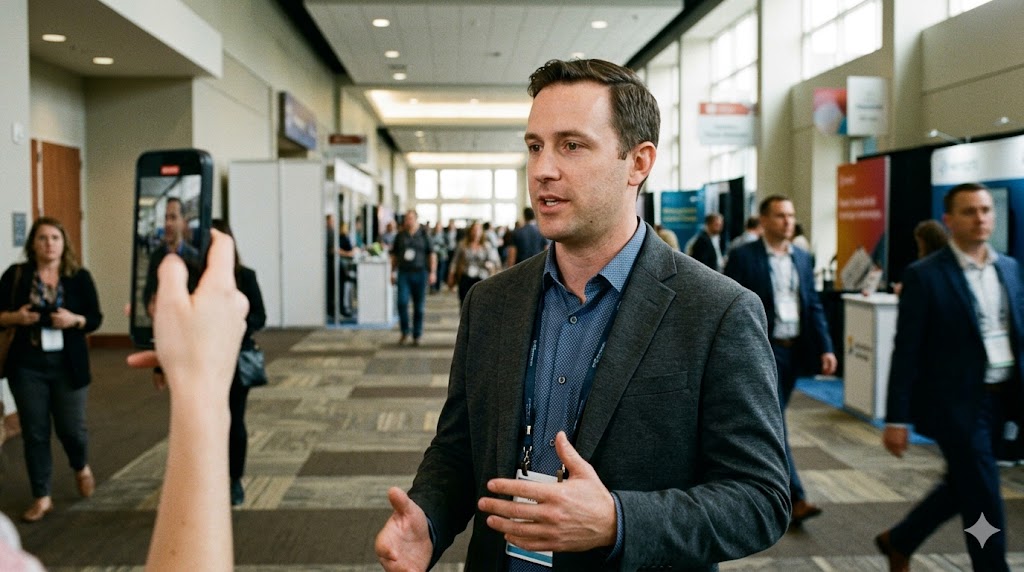 A marketing professional recording a short video in a conference corridor for post-event social content