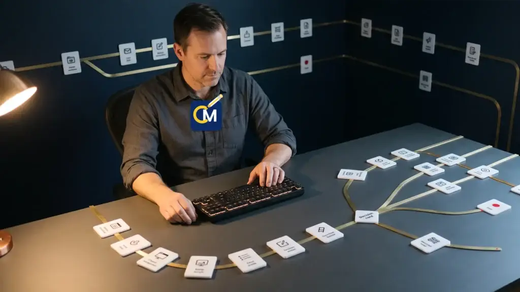 An automation manager sits in the center of a table on which is laid out a map of connected processes, with one branch ending in a red failure mark.
