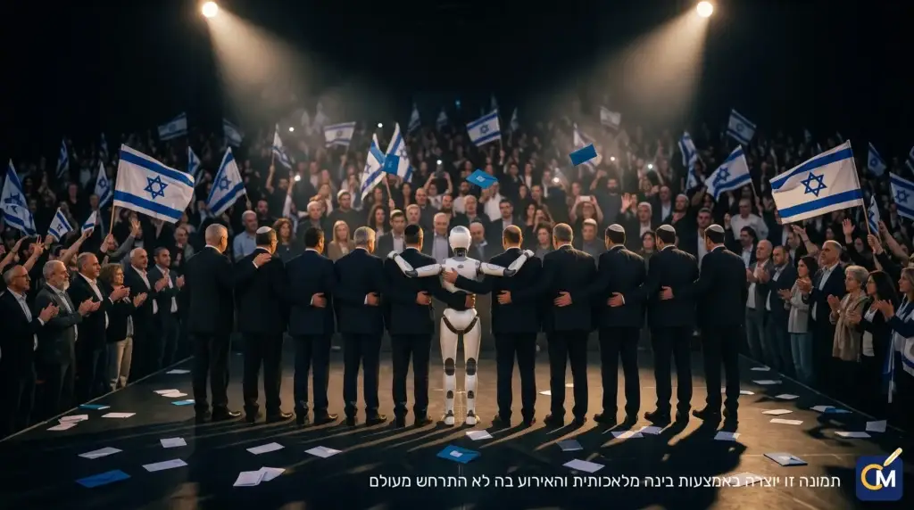 עשרה גברים בחליפות כהות עומדים מחובקים על במה, מגבם למצלמה, מול קהל מטושטש עם דגלי ישראל. במרכז השורה רובוט לבן ששתי זרועותיו מחבקות את העומדים משני צדדיו, ומעטפות הצבעה כחולות מתעופפות באוויר